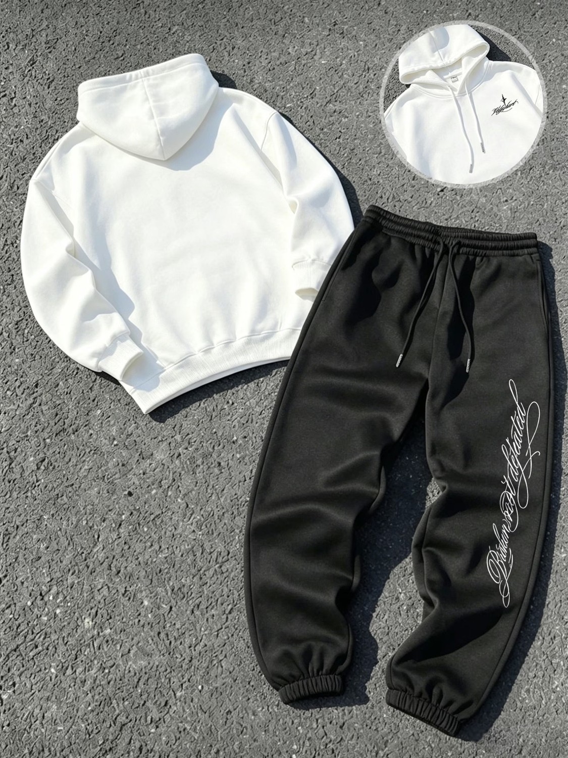Macklin Unisex Kadın Erkek Gothıc Letter Yazı Baskılı Oversize 3 Iplik Kapüşonlu Hoodie ve Jogger Eşofman Altı görsel 8