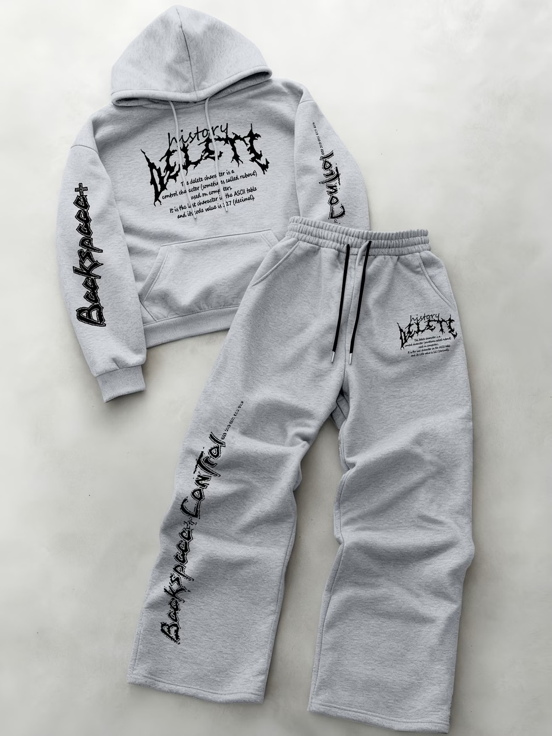 Macklin Unisex Kadın Erkek Delete Yazı Baskılı Oversize 3 Iplik Kapüşonlu Hoodie ve Baggy Eşofman Altı