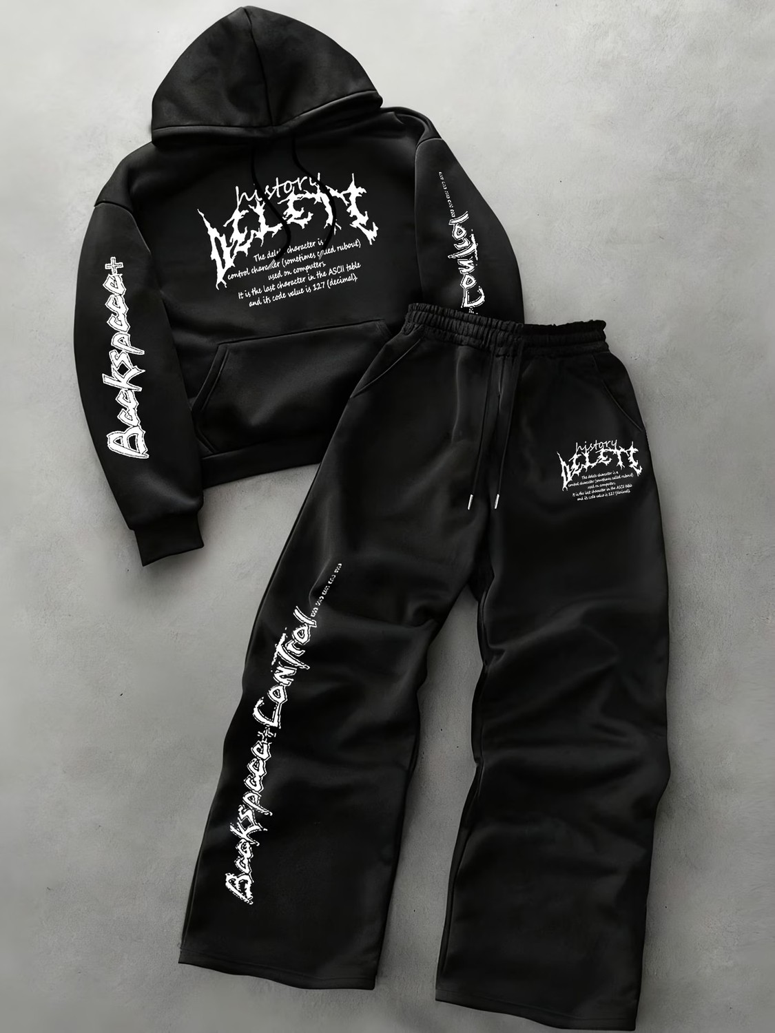 Macklin Unisex Kadın Erkek Delete Yazı Baskılı Oversize 3 Iplik Kapüşonlu Hoodie ve Baggy Eşofman Altı görsel 3