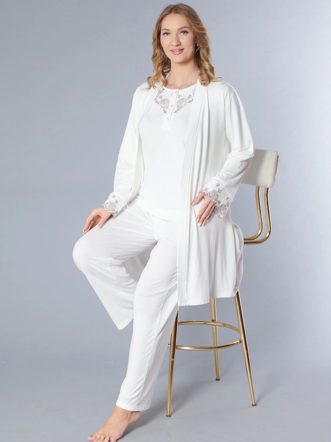 Flz Sabahlıklı Pijama Takımı, Uzun Kollu Dantel Detaylı Zakkum Kumaş 3'lü Set Flz 31-142 görsel 2