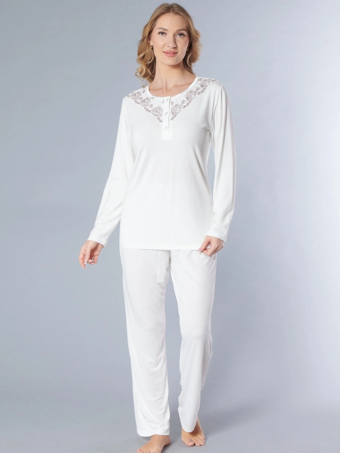 Flz Sabahlıklı Pijama Takımı, Uzun Kollu Dantel Detaylı Zakkum Kumaş 3'lü Set Flz 31-142 görsel 7