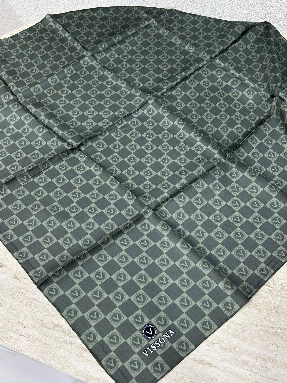 Vissona Monogram Twill Ipek Eşarp Haki