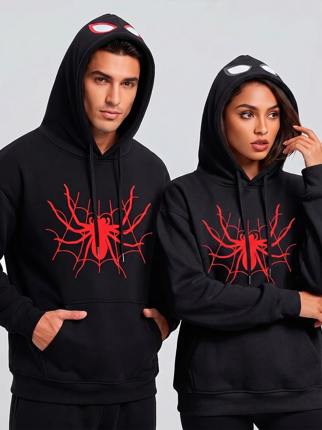 Macklin Sevgili - Arkadaş Çift Kombini Örümcek Adam Göğüs ve Kapüşon Baskılı Özel Tasarım Kapüşonlu Sweatshirt 2li Takım görsel 2