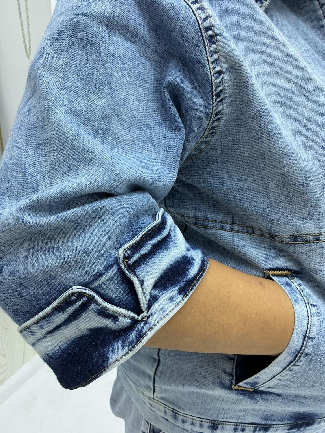 Trieste Wear Büyük Beden Fermuarlı Lale Desenli Yıkamalı Denim Kapri Kol Kadın Ceket görsel 4