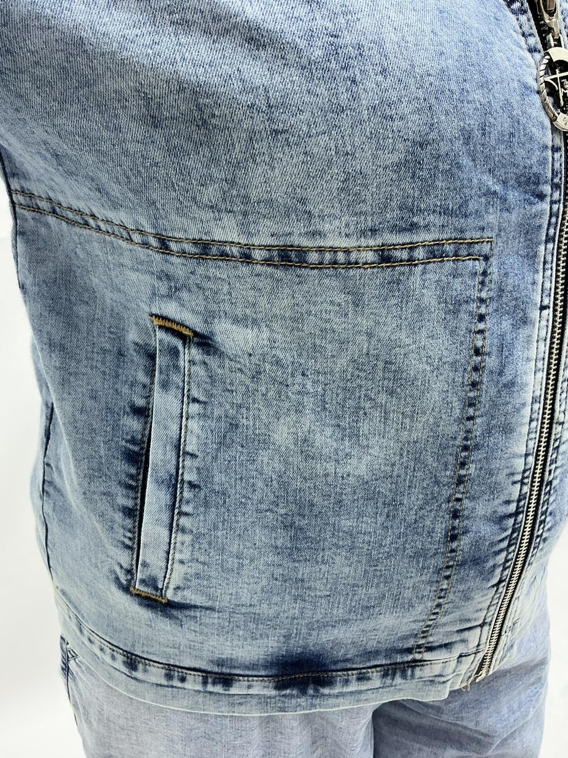 Trieste Wear Büyük Beden Fermuarlı Lale Desenli Yıkamalı Denim Kapri Kol Kadın Ceket görsel 5