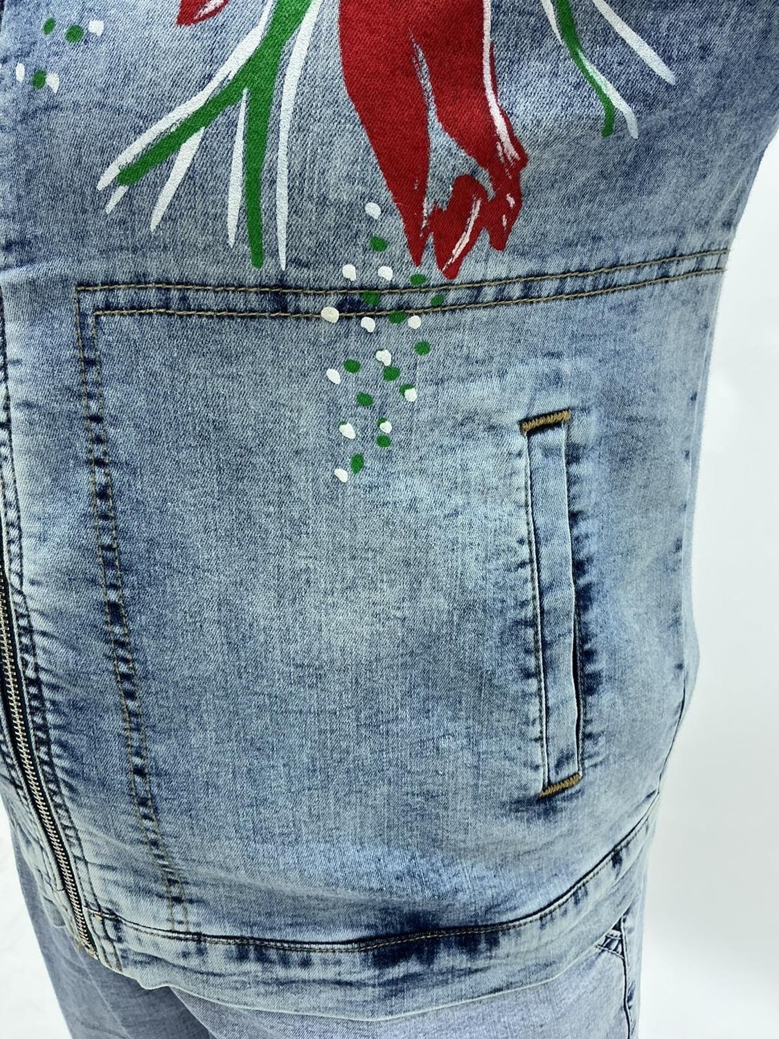 Trieste Wear Büyük Beden Fermuarlı Lale Desenli Yıkamalı Denim Kapri Kol Kadın Ceket görsel 6