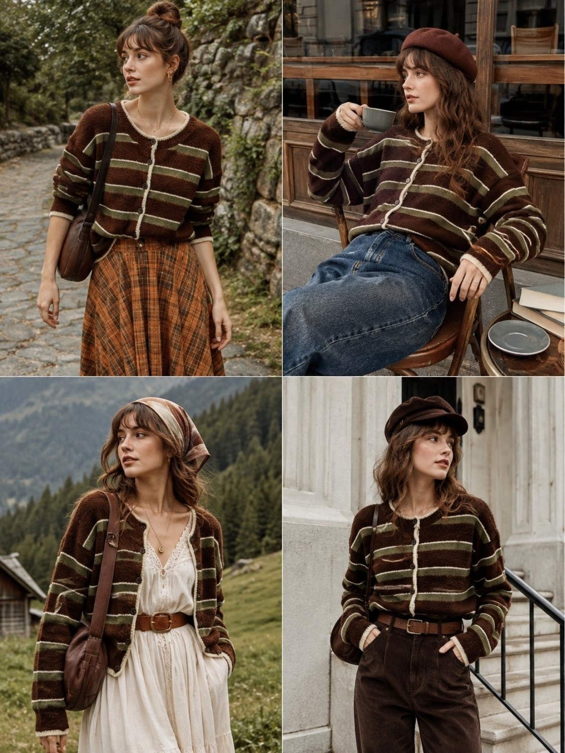 Retrobird Maggie Bisiklet Yaka Çizgili Düğmeli Triko Hırka Kadın Kahve - Yeşil görsel 3