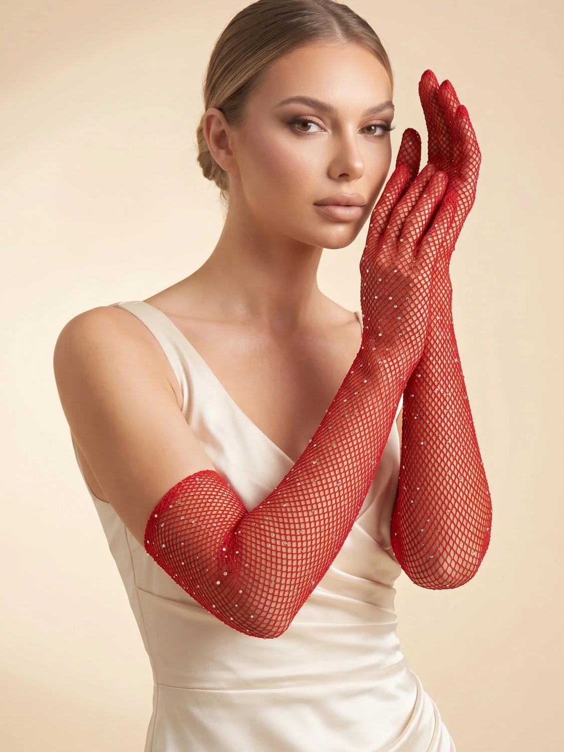 Elegance Scarf Uzun File Taşlı Eldiven Abiye Gece Parti Davet Nişan Kına Mezuniyet Eldiveni Kırmızı