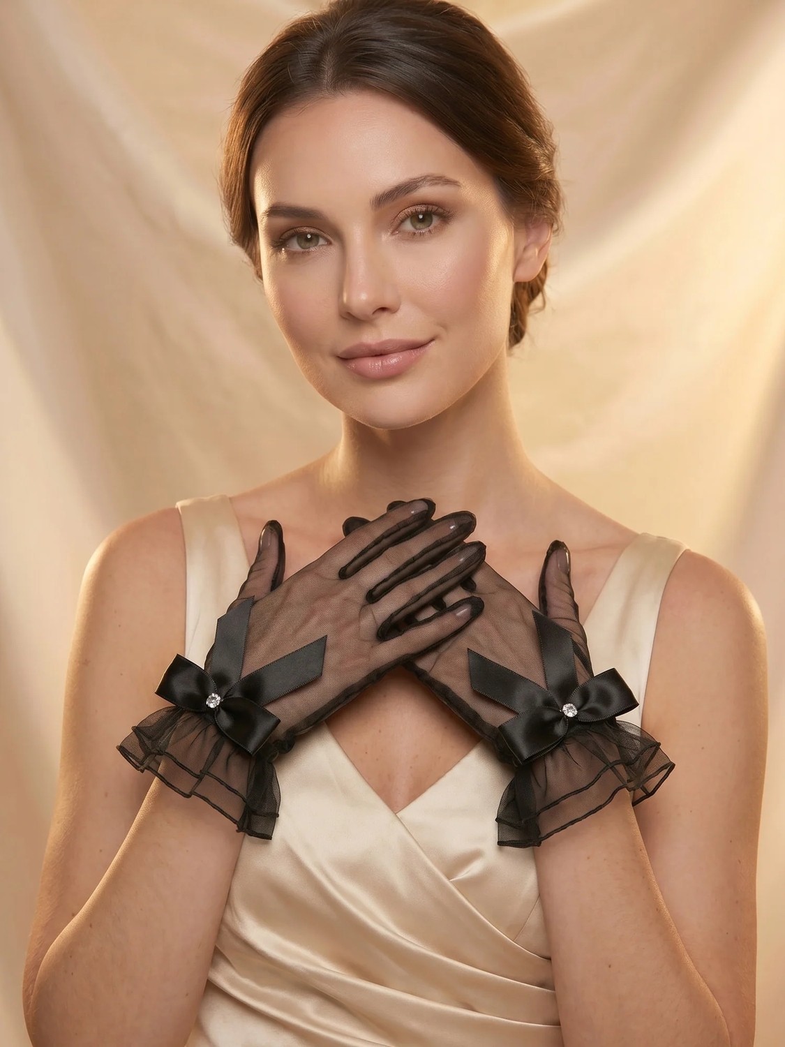 Elegance Scarf Fiyonklu Tül Kısa Abiye Eldiven Gece Parti Davet Nişan Kına Mezuniyet Eldiveni Siyah görsel 3