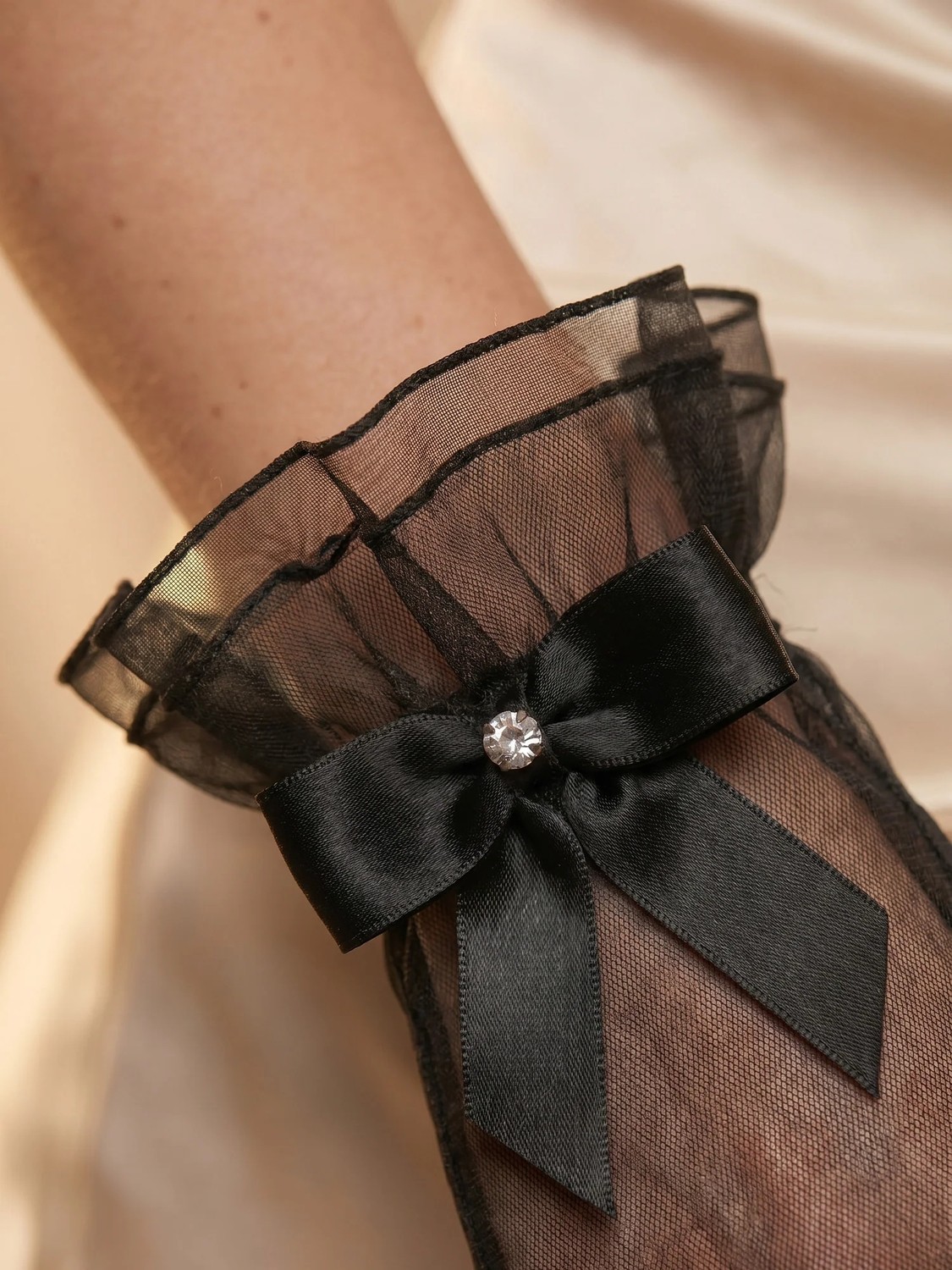Elegance Scarf Fiyonklu Tül Kısa Abiye Eldiven Gece Parti Davet Nişan Kına Mezuniyet Eldiveni Siyah görsel 6