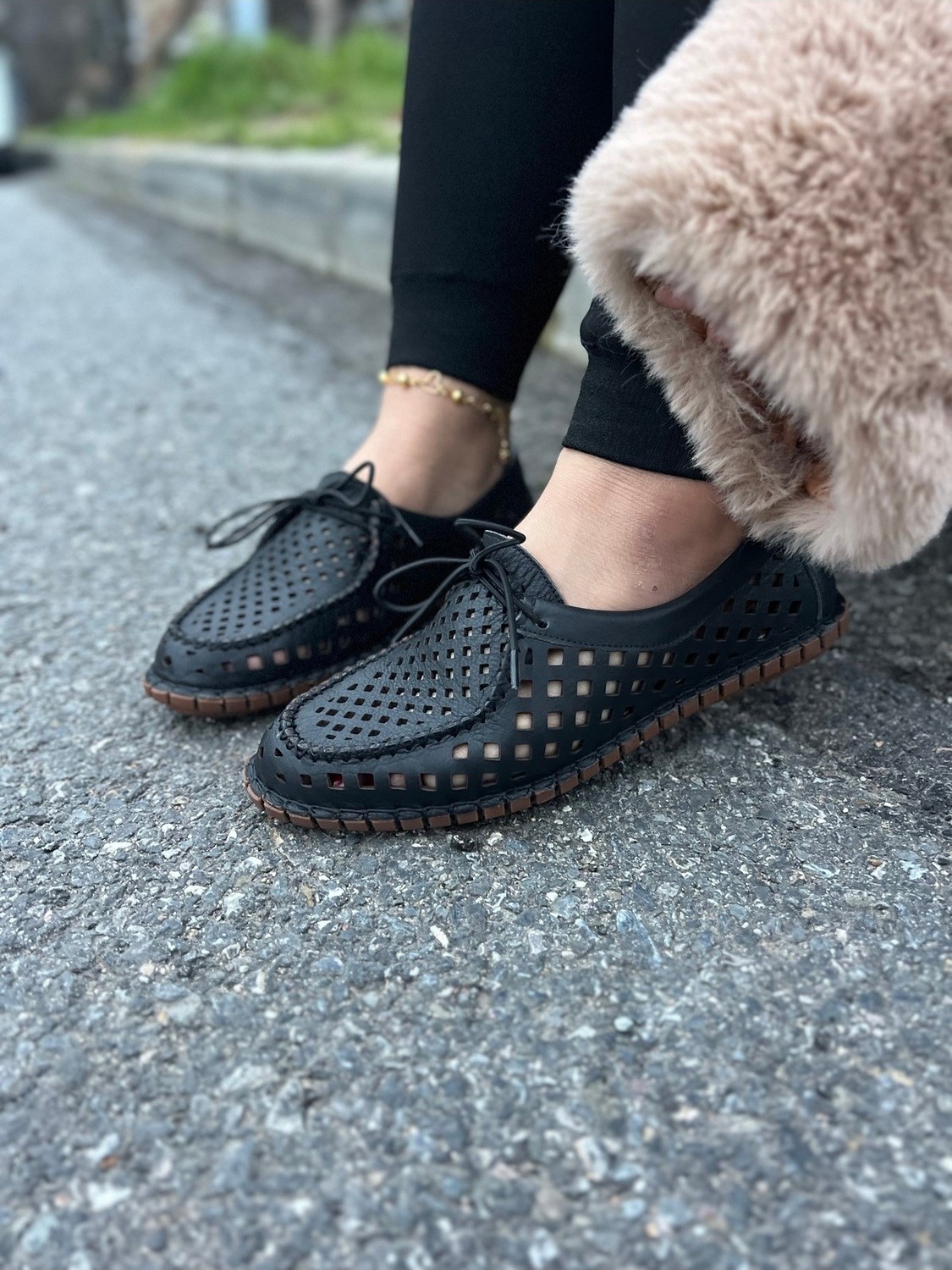 Dabab Shoes Vırena Kadın Siyah Hakiki Deri File Bağcıklı Düz Taban Yazlık Babet Loafer Ayakkabı