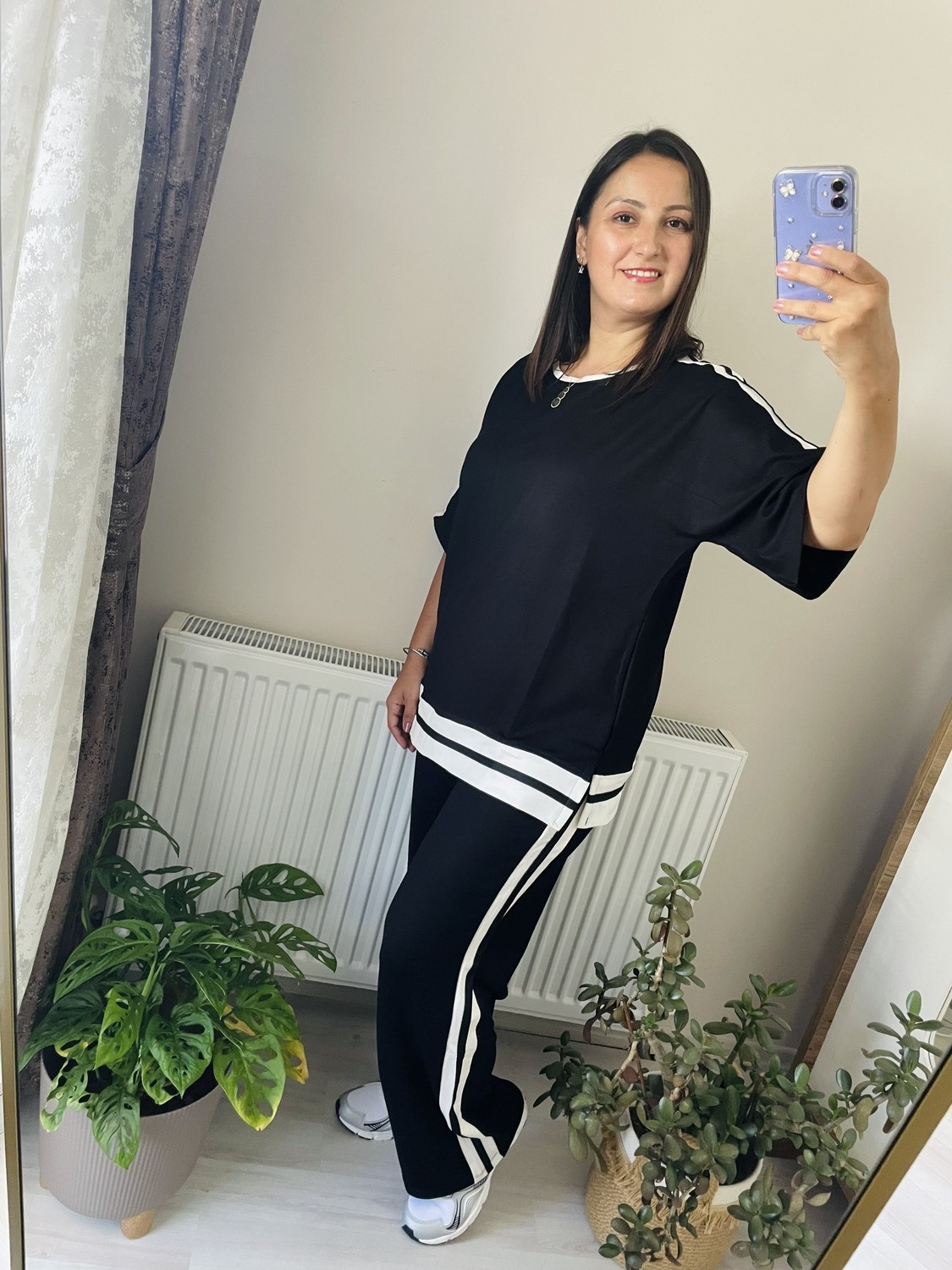 Lotus Butik Esnek Yumuşak Pamuklu Modal Kumaş Kısa Kollu Şeritli Eşofman Takımı görsel 3