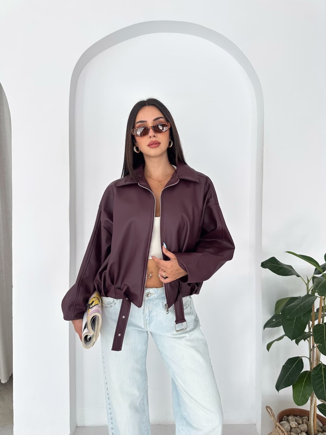 Boom Bester Kadın Siyah Oversize Suni Deri Bomber Mont | Kemer Detaylı Premium