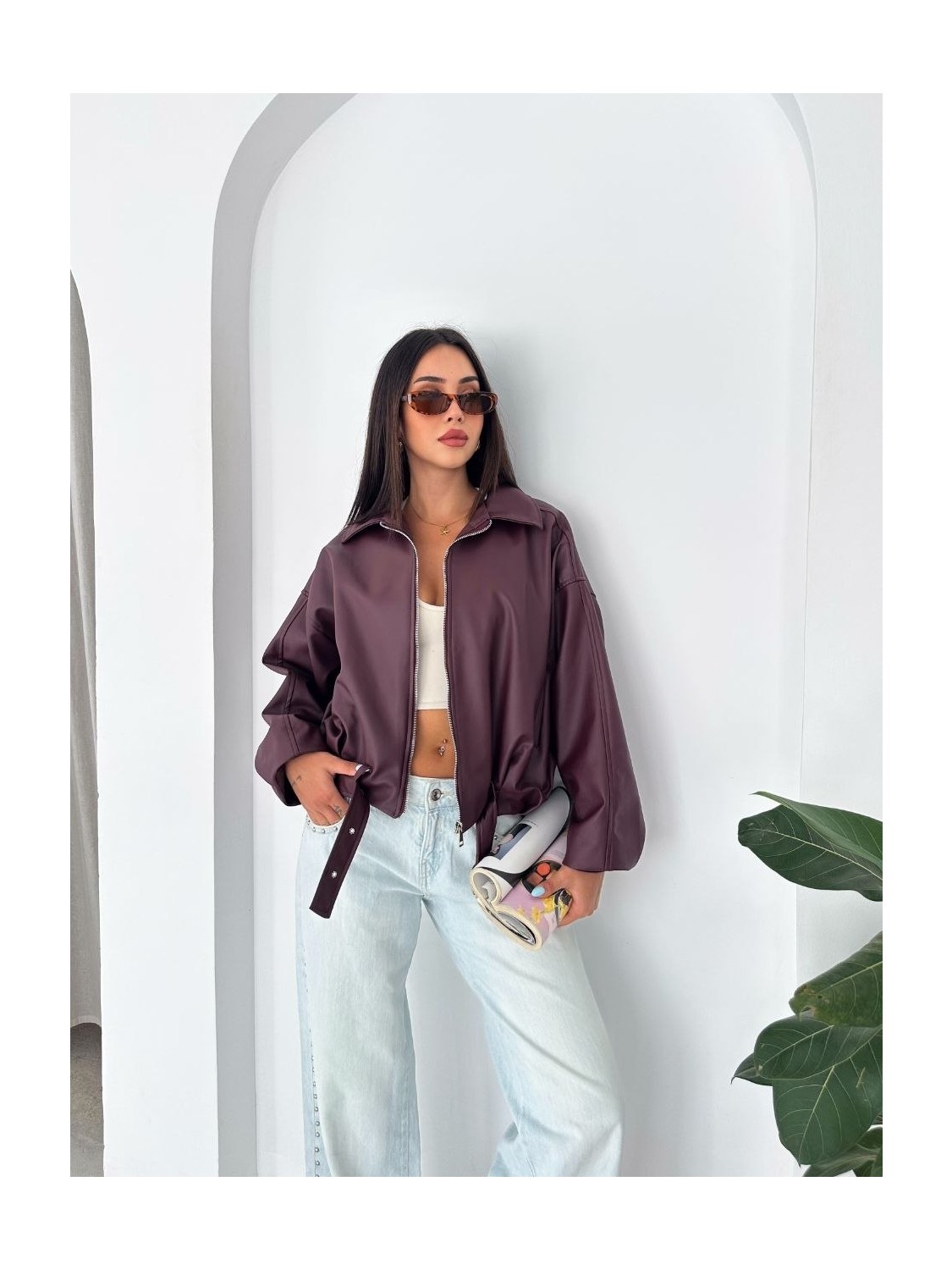 Boom Bester Kadın Siyah Oversize Suni Deri Bomber Mont | Kemer Detaylı Premium görsel 7