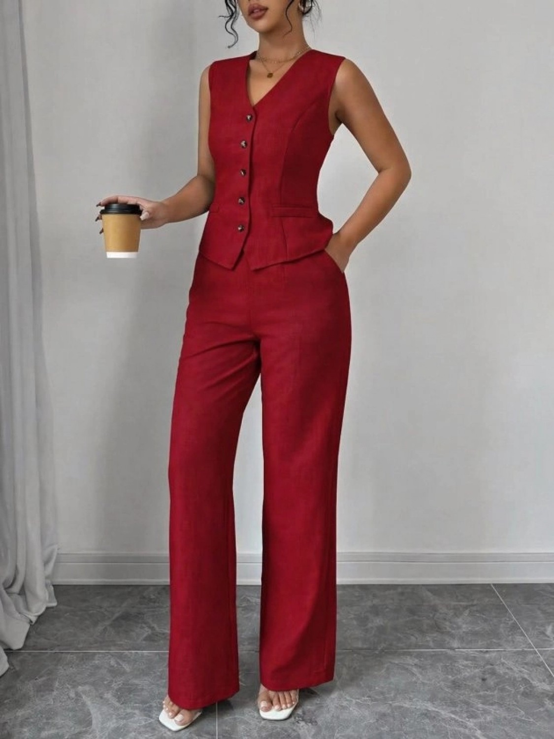 Pileli Store Kadın Askılı Önden Düğmeli Bluz ve Pantolon Keten Ikili Takım görsel 2