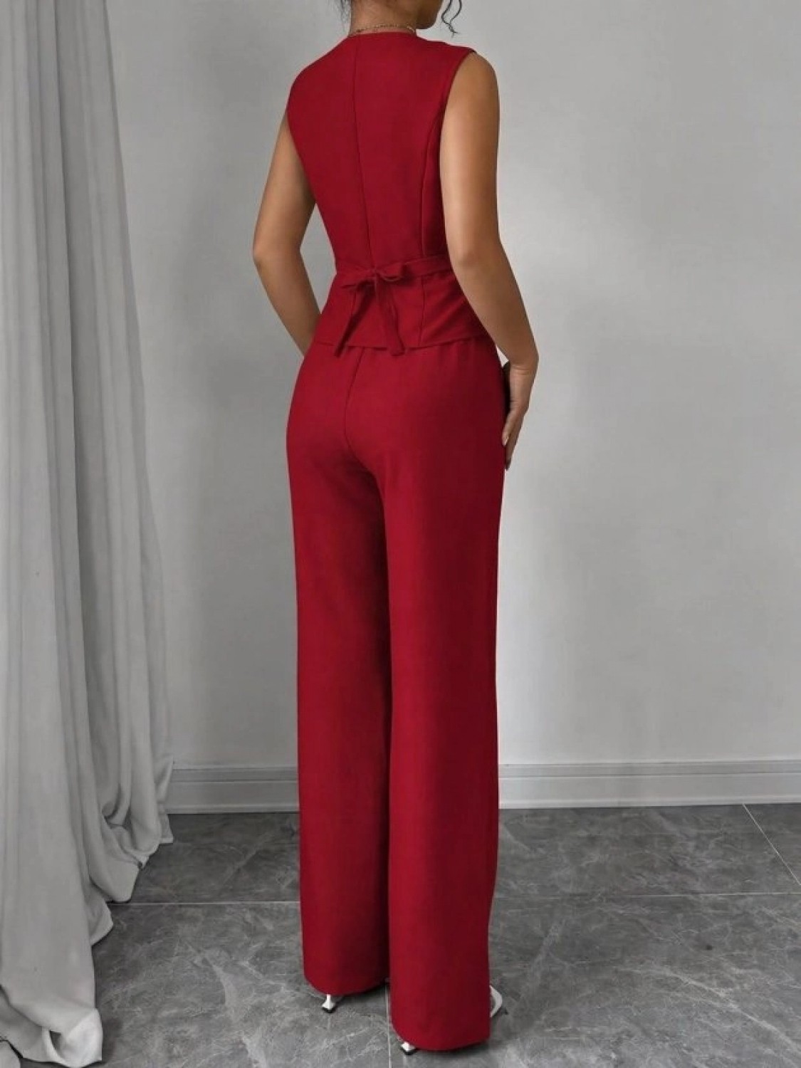 Pileli Store Kadın Askılı Önden Düğmeli Bluz ve Pantolon Keten Ikili Takım görsel 3
