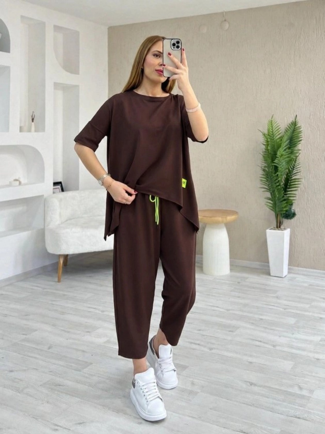 Pileli Store Kadın Kısa Kollu Bisiklet Yaka Viskon Iki Iplik Bluz ve Pantolon Ikili Takım görsel 2