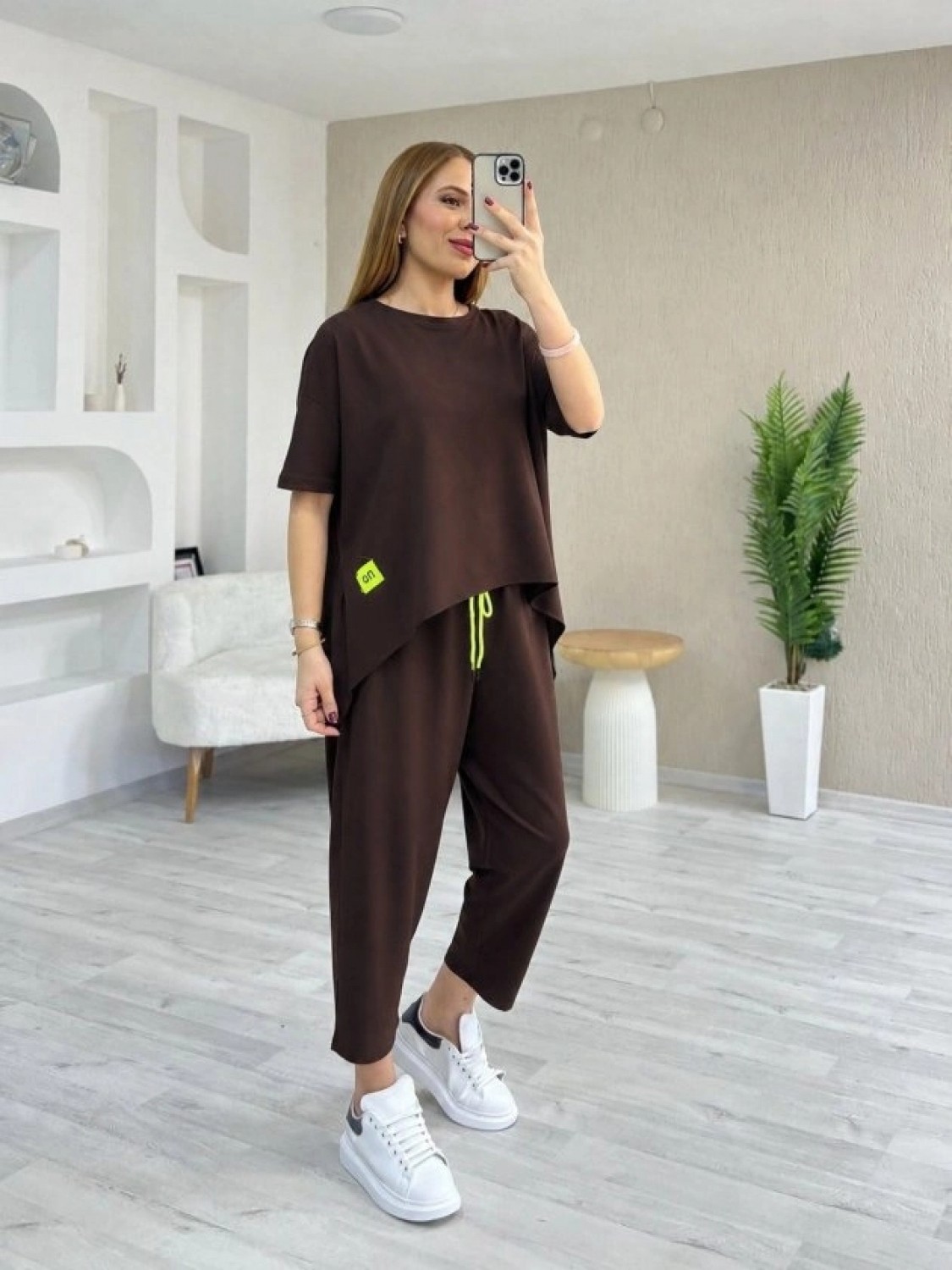 Pileli Store Kadın Kısa Kollu Bisiklet Yaka Viskon Iki Iplik Bluz ve Pantolon Ikili Takım görsel 3