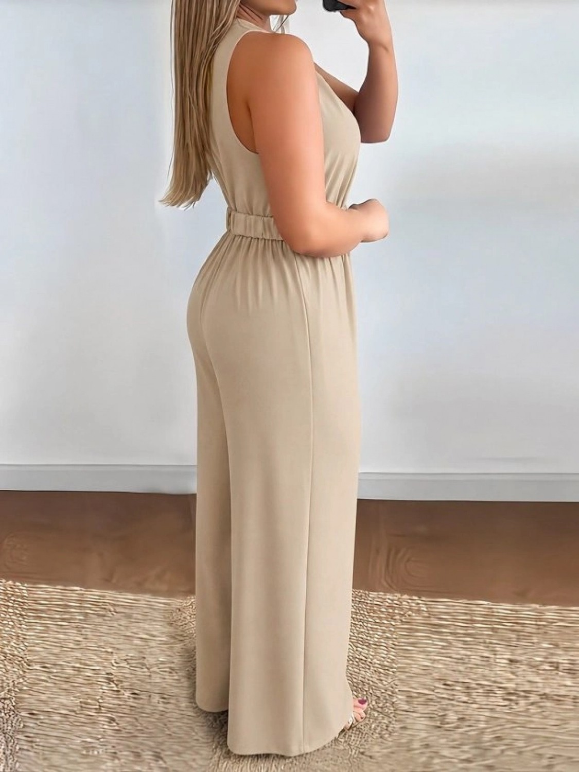 Pileli Store Kadın Askılı Kruvaze Yakalı Belinde Kemer Detaylı Uzun Ithal Krep Tulum görsel 3