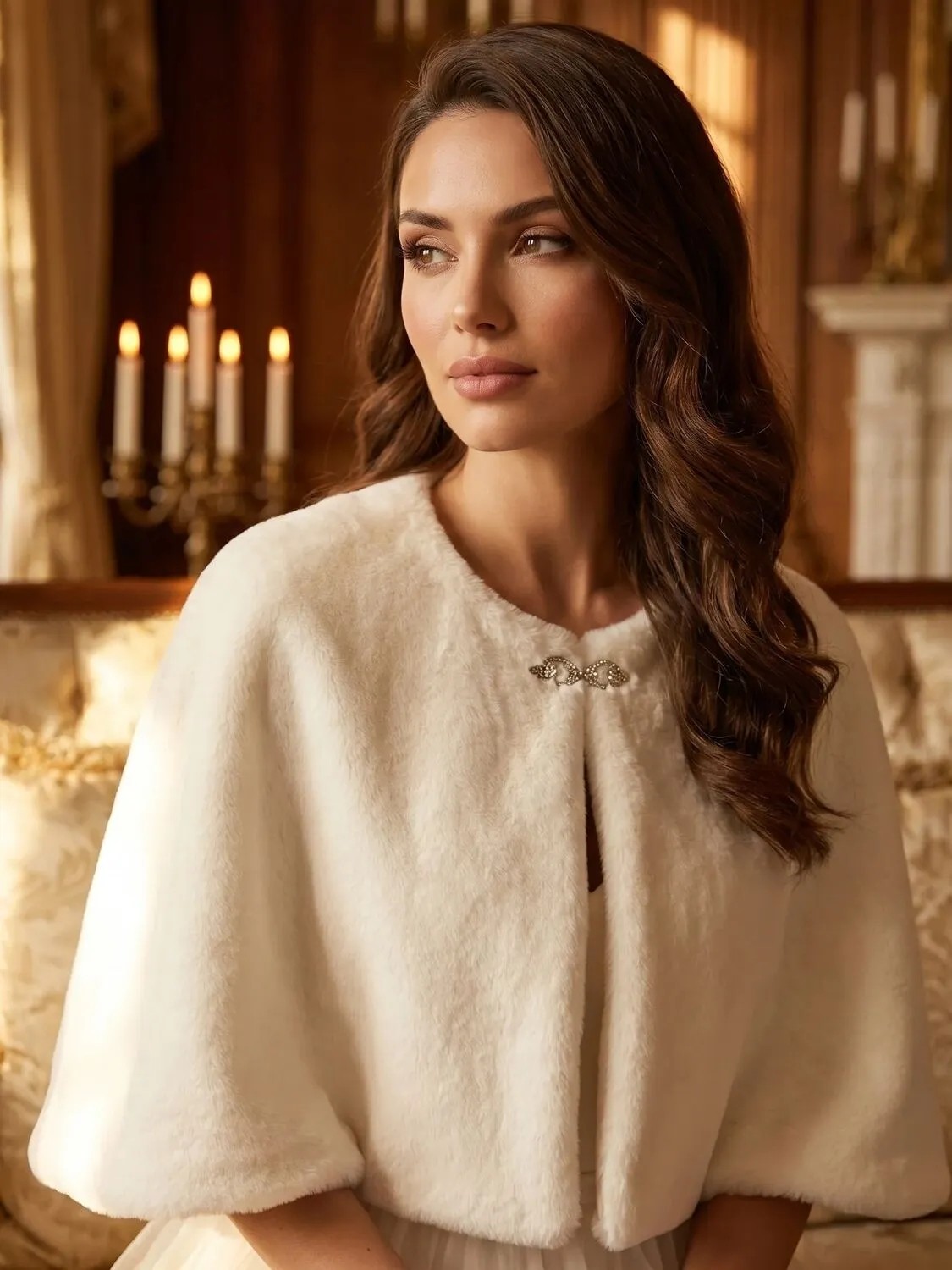 Elegance Scarf Broşlu Premium Suni Kürk Etol Gelin Bolero Gelinlik Bolero Gelin Şalı Abiye Şal Kırık Beyaz görsel 4