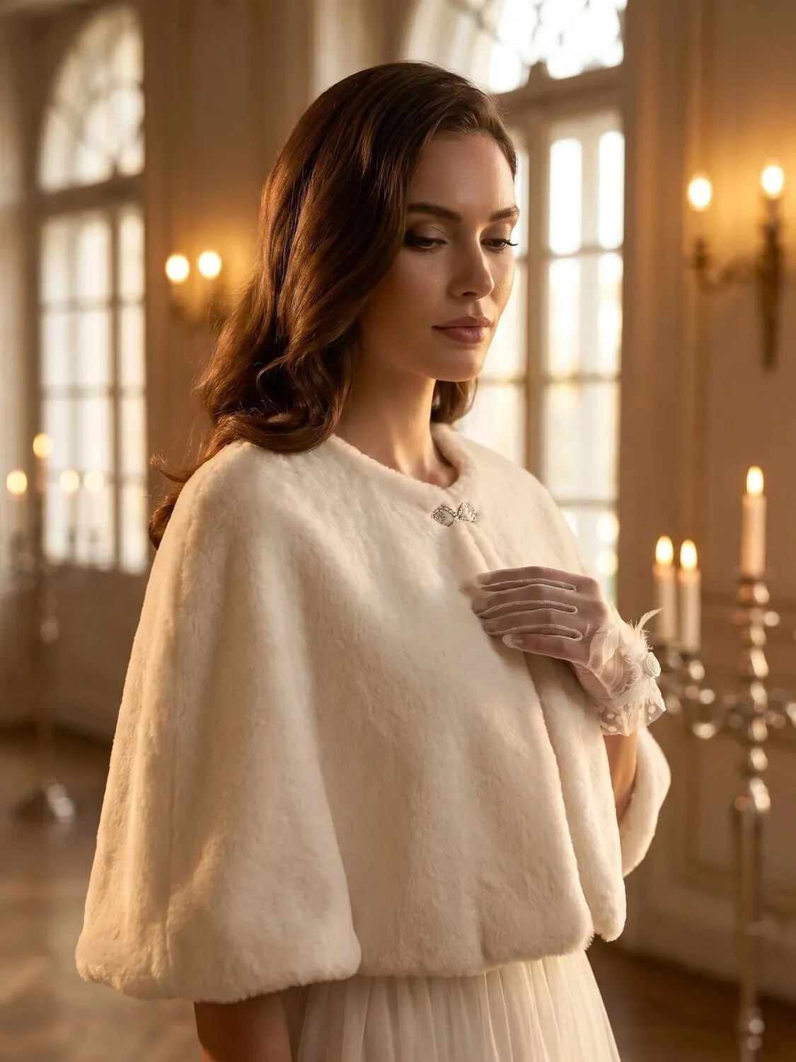 Elegance Scarf Broşlu Premium Suni Kürk Etol Gelin Bolero Gelinlik Bolero Gelin Şalı Abiye Şal Kırık Beyaz görsel 5