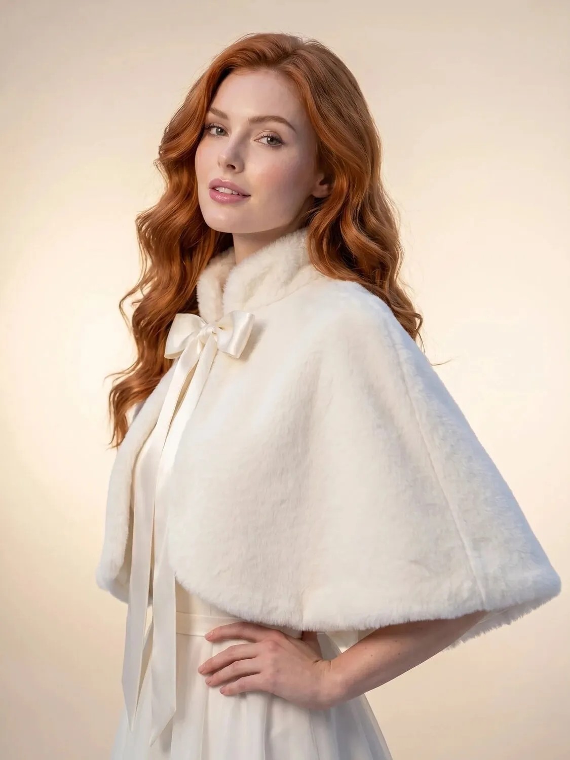 Elegance Scarf Uzun Fiyonklu Suni Kürk Etol Gelin Bolero Gelinlik Bolero Gelin Şalı Abiye Şal Kırık Beyaz görsel 2