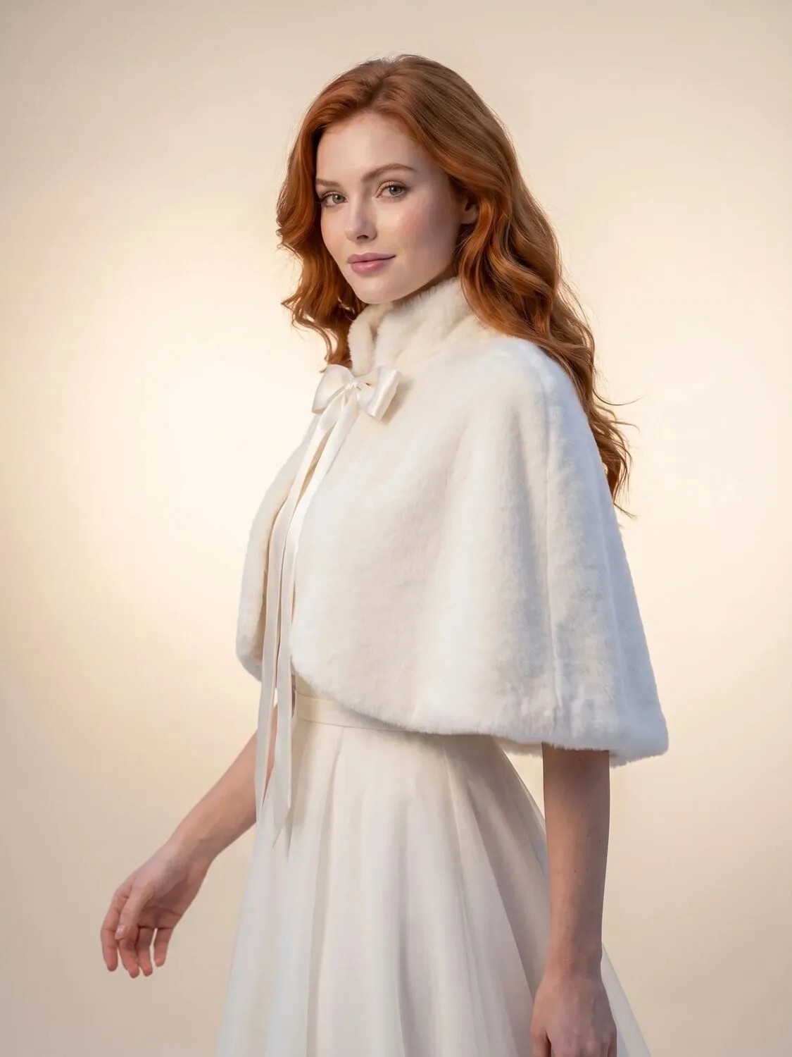 Elegance Scarf Uzun Fiyonklu Suni Kürk Etol Gelin Bolero Gelinlik Bolero Gelin Şalı Abiye Şal Kırık Beyaz görsel 4
