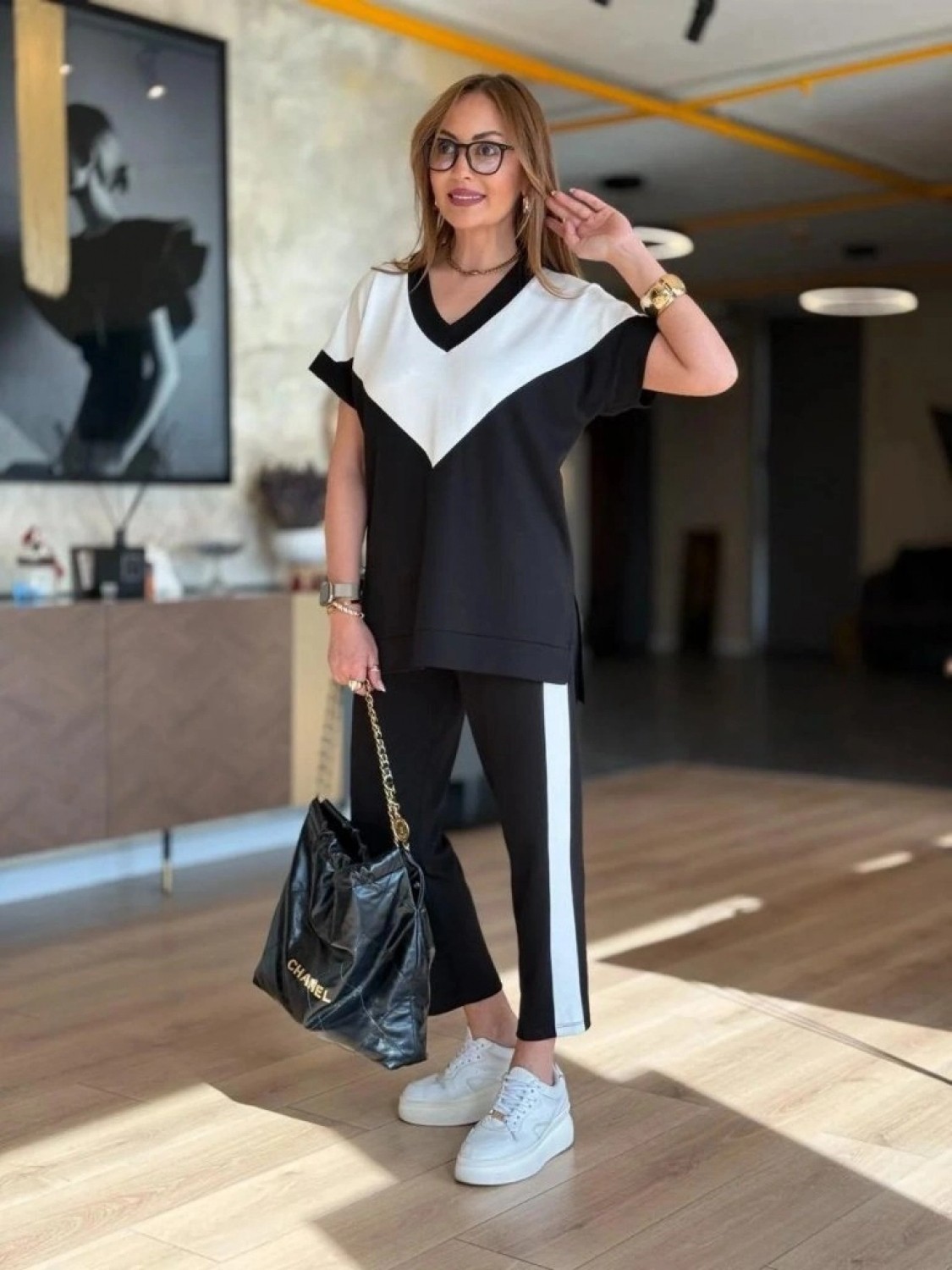 Pileli Store Kadın Kısa Kollu V Yakalı Çift Renkli Viskon Iki Iplik Ikili Bluz ve Pantolon Takım görsel 2