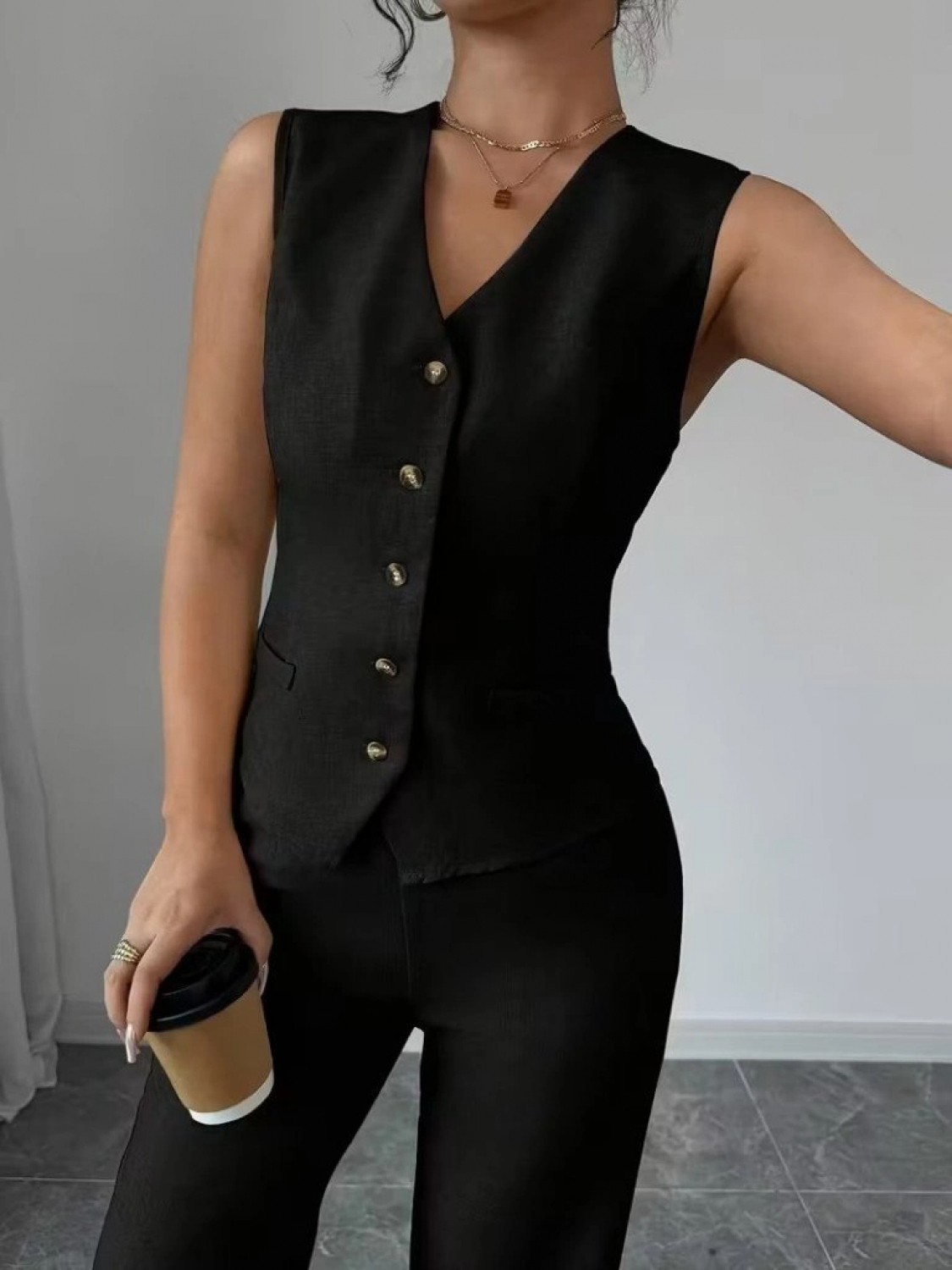 Pileli Store Kadın Askılı Önden Düğmeli Bluz ve Pantolon Keten Ikili Takım görsel 2