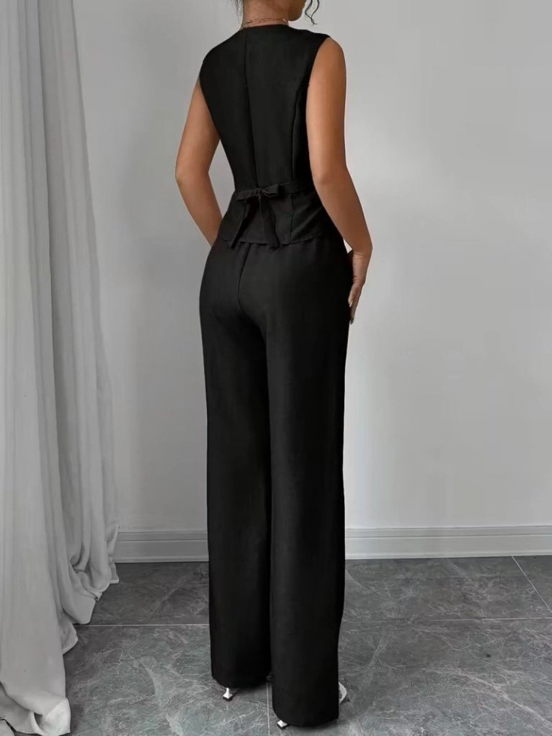 Pileli Store Kadın Askılı Önden Düğmeli Bluz ve Pantolon Keten Ikili Takım görsel 4
