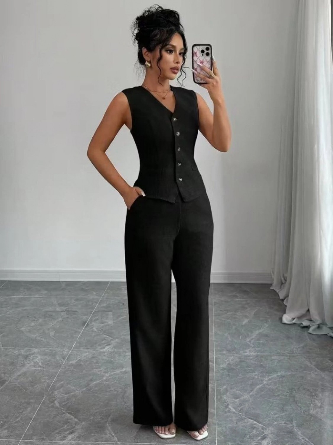Pileli Store Kadın Askılı Önden Düğmeli Bluz ve Pantolon Keten Ikili Takım görsel 5