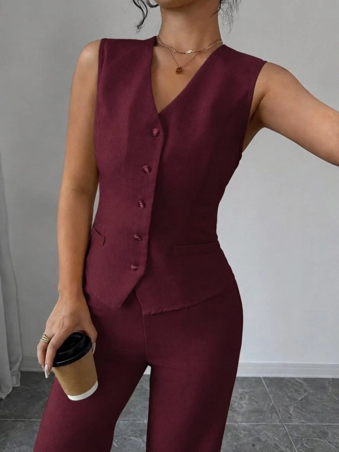 Pileli Store Kadın Askılı Önden Düğmeli Bluz ve Pantolon Keten Ikili Takım görsel 2