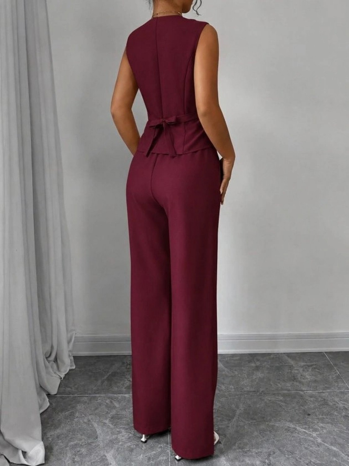 Pileli Store Kadın Askılı Önden Düğmeli Bluz ve Pantolon Keten Ikili Takım görsel 3