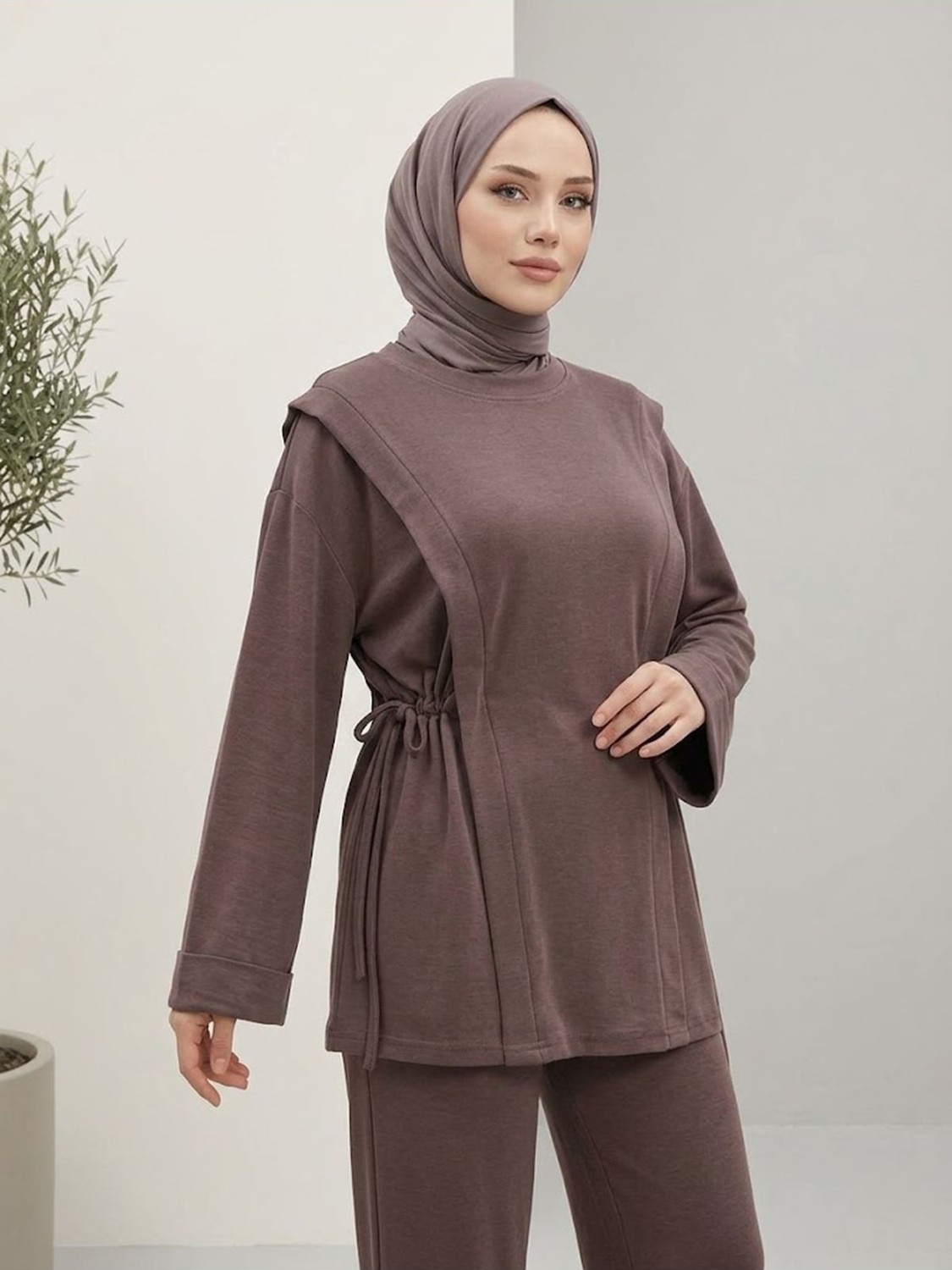 Miostil Tünel Detay Kol Katlamalı Pantolonlı Takım-Açık Kahve