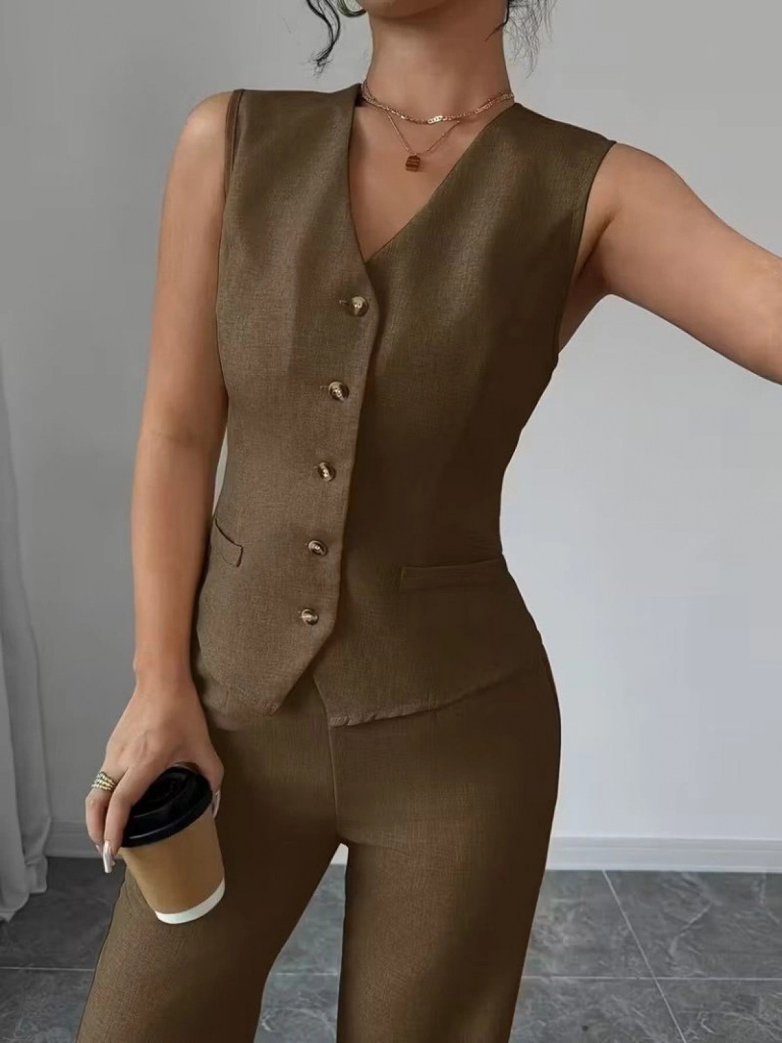Pileli Store Kadın Askılı Önden Düğmeli Bluz ve Pantolon Keten Ikili Takım görsel 2