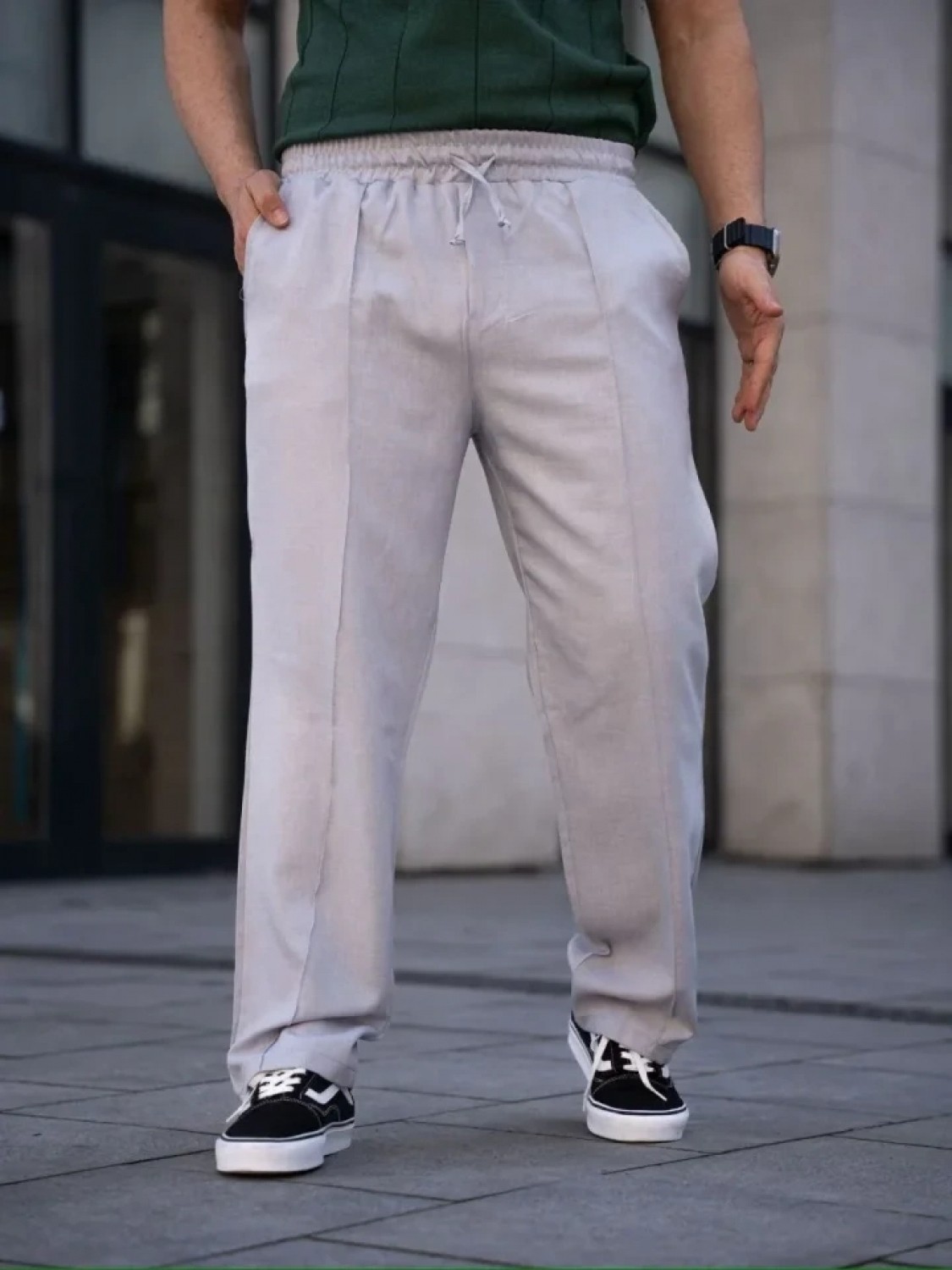 Pileli Store Erkek Keten Cepli Çıma Dikişli Jogger Buggy Pantalon Rahat Kalıp - Gri görsel 3