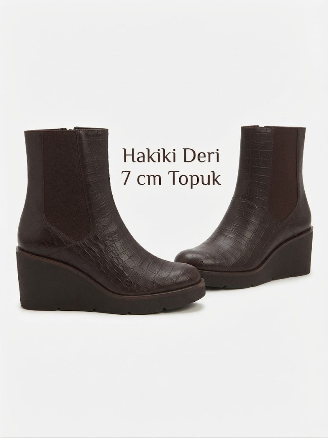 Noxmark Hakiki Deri Dolgu Taban Krokodil Desen Koyu Kahve Kadın Bot görsel 2
