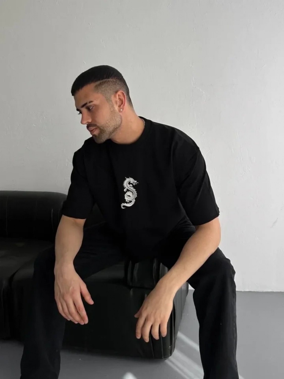 Pileli Store Baskılı Oversize Bisiklet Yaka T-Shirt - Siyah görsel 2