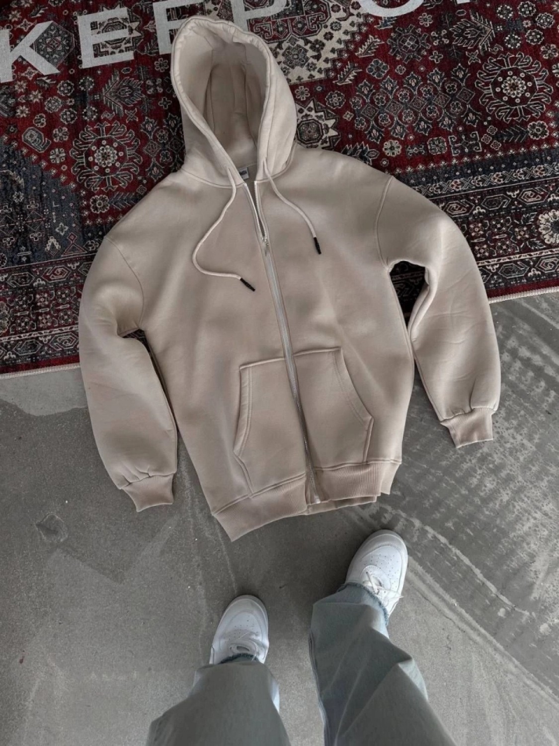Pileli Store Oversize Tam Fermuarlı Uzun Kol Hırka - Bej görsel 2