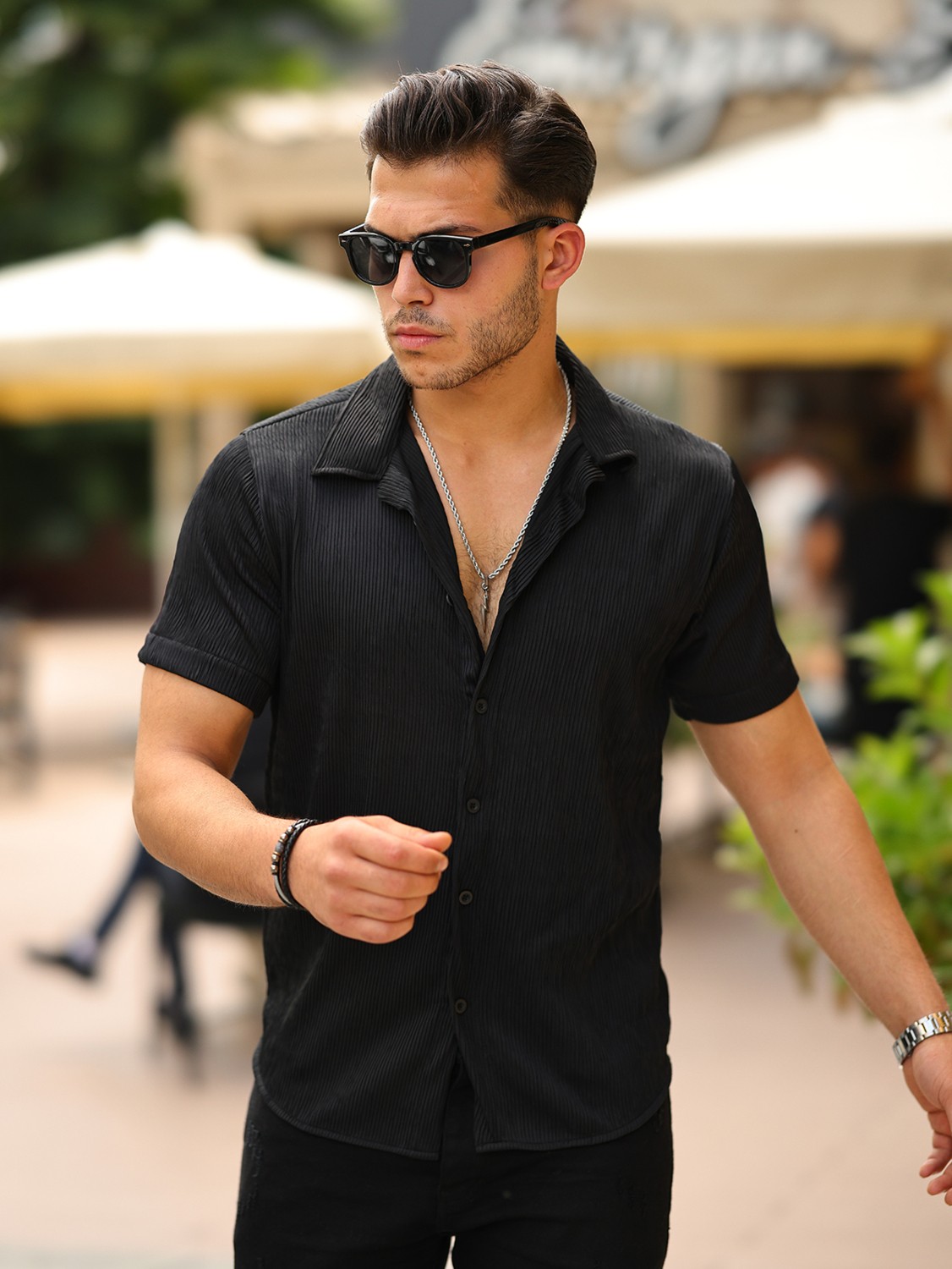 Comstarmoda Erkek Yazlık Likralı Slim Fit Gömlek Yaka Kısa Kollu Gömlek