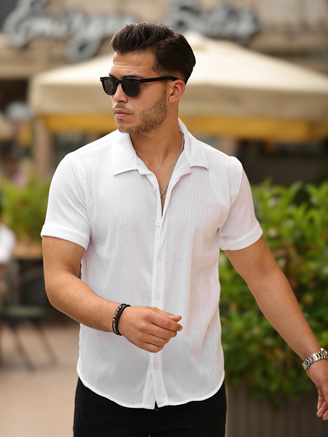 Comstarmoda Erkek Yazlık Likralı Slim Fit Gömlek Yaka Kısa Kollu Gömlek