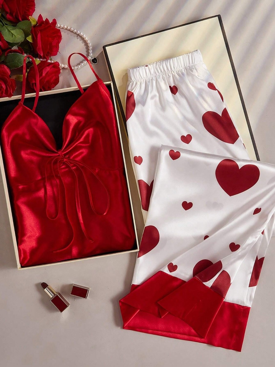 my cherie Kalp Baskılı Yumuşak Saten Pijama Takım görsel 2