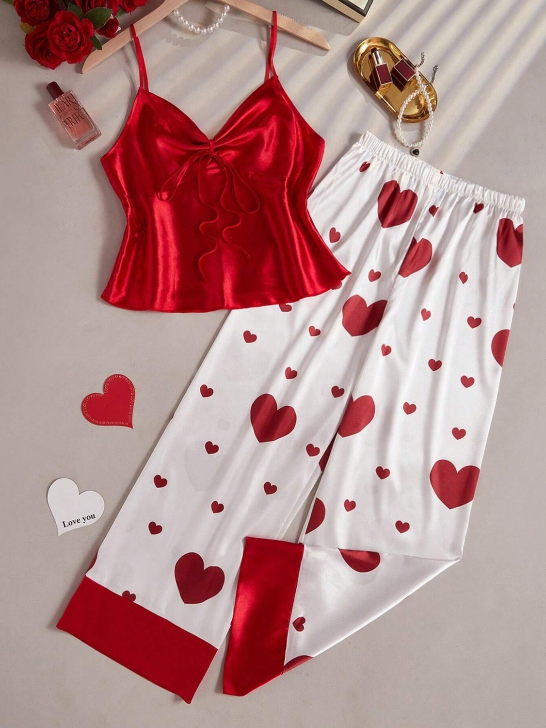 my cherie Kalp Baskılı Yumuşak Saten Pijama Takım görsel 3