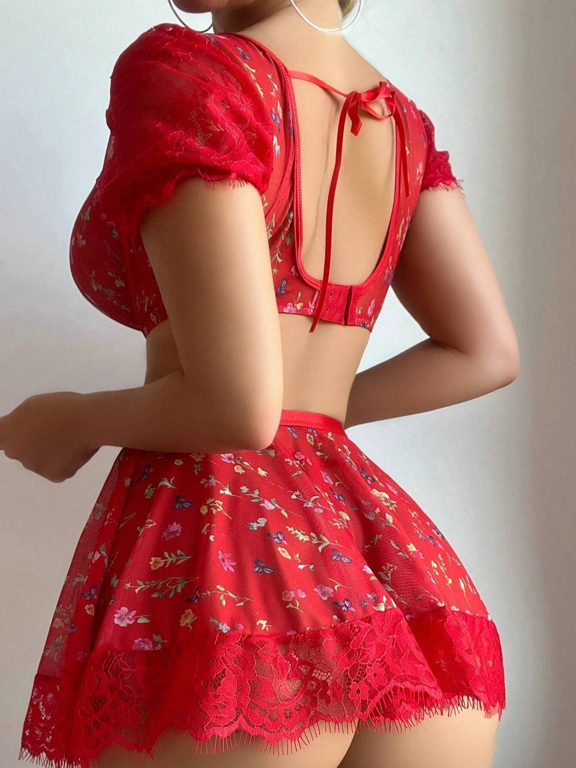 Neew Store Kırmızı Desenli Alt Üst Mini Gecelik Takımı görsel 4