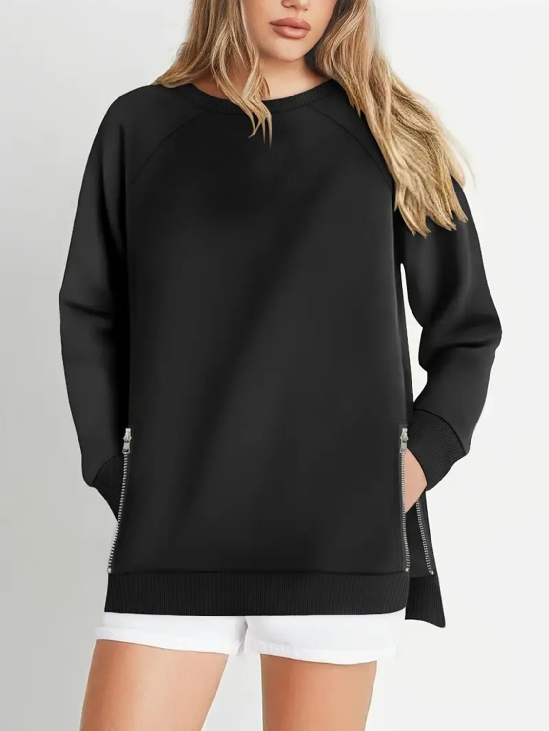 Curvy Trend Büyük Beden Fermur Yırtmaç Detaylı Yumuşak Dökümlü Kumaş Reglan Kol Sweashirt