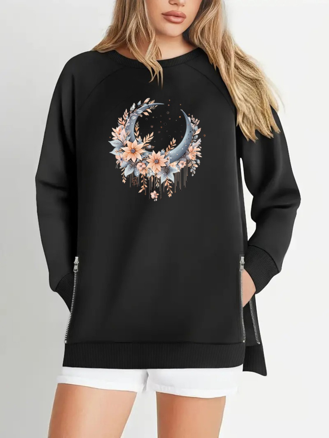 Curvy Trend Büyük Beden Boho Hilal Baskılı Fermur Yırtmaç Detaylı Yumuşak Dökümlü Kumaş Reglan Kol Sweashirt