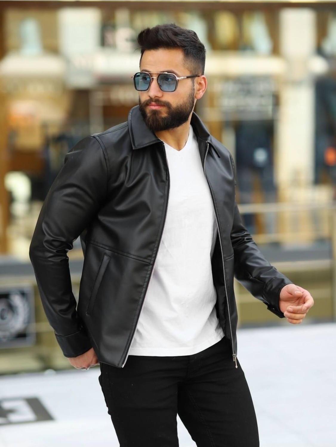 Baselco Erkek Siyah Premium Deri Ceket Slim Fit Kesim ve Suni Deri ile Şık Görünüm