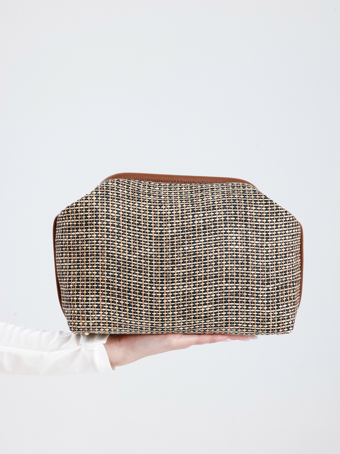 Heybes Kadın Jüt Hasır Clutch El Çantası Zarif Tasarım 28x19x10 cm Siyah Biyeli Çizgili