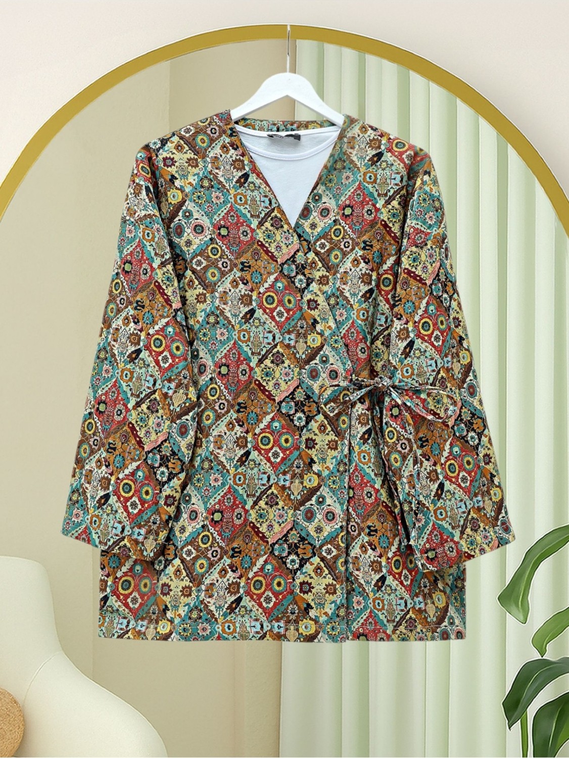Moda Morfo Beli Bağlamalı Cepli Desenli Astarlı Kapitone Kimono -Bej görsel 2