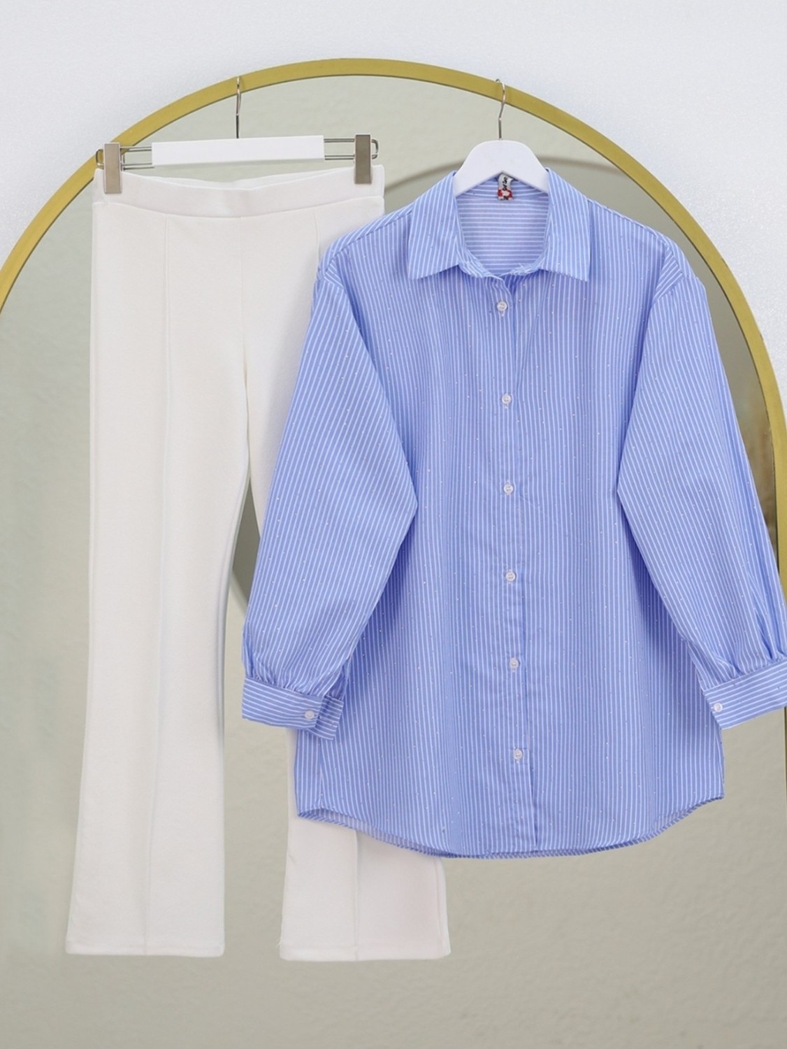 Moda Morfo Serpme Taş Detaylı Çizgili Gömlek -Mavi görsel 4